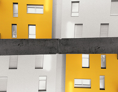 Photomontage architecture abstraite fenêtres jaune gris