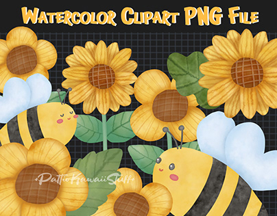 Watercolor clipart Bee and Sunflowers
