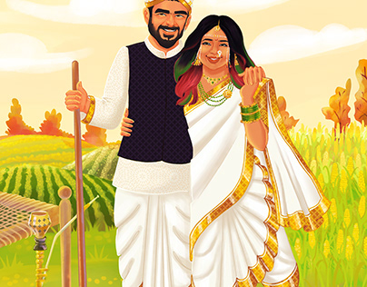 Wedding illustration for Indian multicultural couple