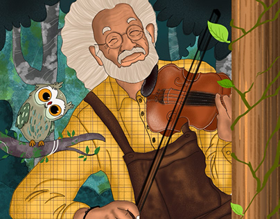 "Jungle Serenade: Old man, violin, and owl."