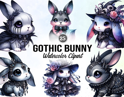 Gothic Bunny Watercolor Clipart