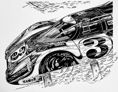 Porsche 917 Long Tail. Pen and Ink on film.