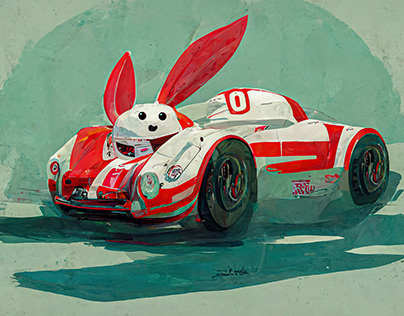 Midjourney Ai generated Bunnys in Race Cars