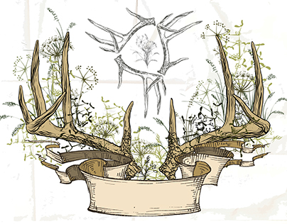 Antlers and herbs entwined ribbon.