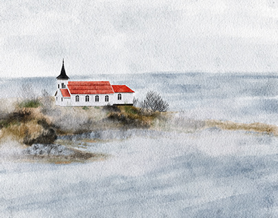 White Church Digital Watercolor Painting