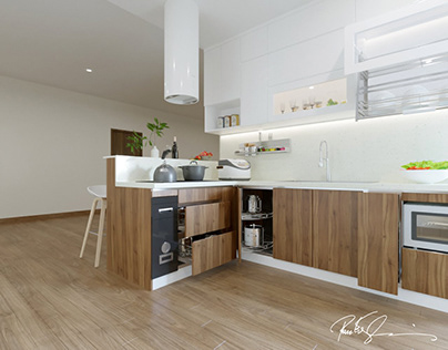 Wood grain laminate kitchen cabinets.