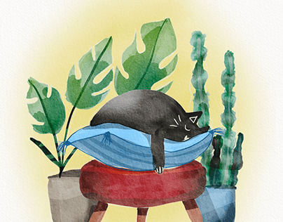 Watercolor Cat on a Bench with Plants