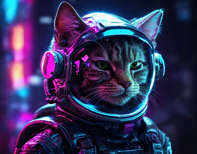 Cyberpunk-style cosmonaut cats