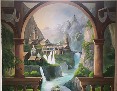 Mural depicting Rivendell from Lord of the Rings.