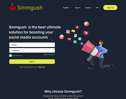 Landing page for SMM platform "Smmgush"