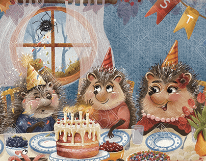 Little hedgehog birthday party fragment of illustration