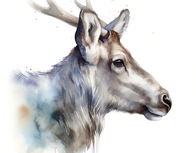 Caribou Animal Portrait Watercolor Painting
