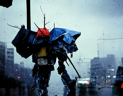 Old and obsolete Gundam walking in a Tokyo street