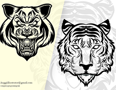 black and white illustration hand drawn tiger's head