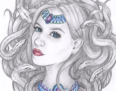 stylized portrait of a girl with snakes in pencil
