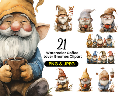Watercolor Coffee Lover Gnomes Clipart