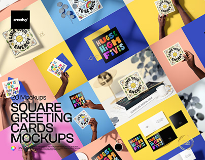 Square Folded Greeting Cards Mockup Set