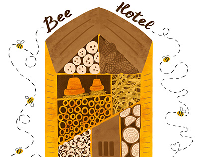 Bee Hotel digital watercolor illustration.