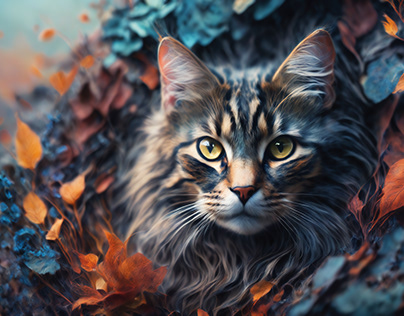 Autumn cat drawing. Digital art.
