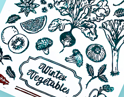 Linocut seasonal vegetables and fruits poster