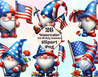 Watercolor 4th Of July Gnomes Clipart
