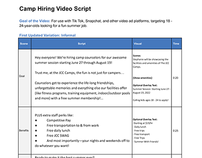 Social Video Script for Socials (Camp Hiring)