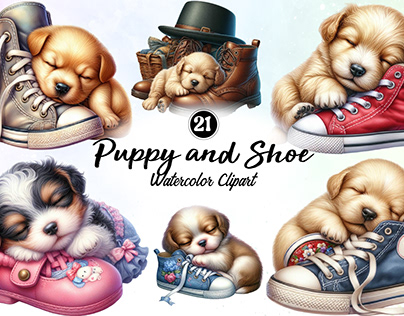 Puppy and Shoe Watercolor Clipart