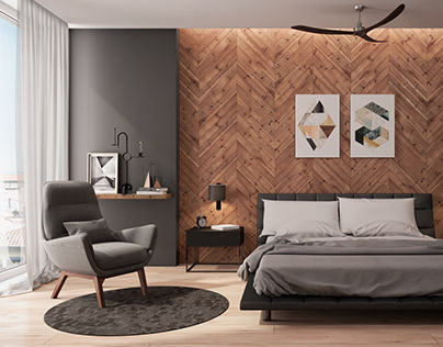 Bedroom: "Wood and neutral tones"