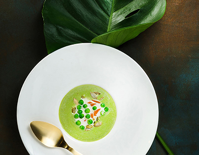 green pea cream soup with smoked salmon