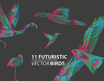 Set of futuristic Lineart wireframe birds