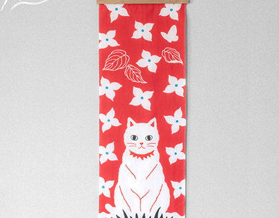 A-tenugui/ White cat Japanese towel / Red