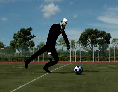 Slender man playing soccer in the field