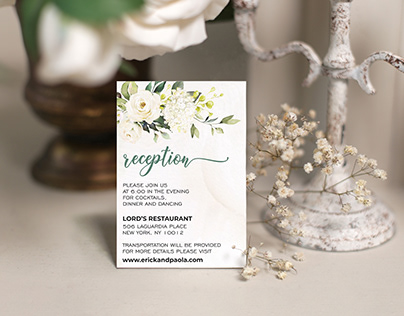 Reception card design with white roses and greenery