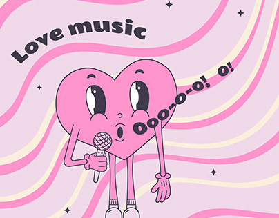 A cute pink character in the shape of a heart sings