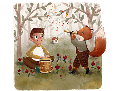 Cute musically illustration of fox and a boy