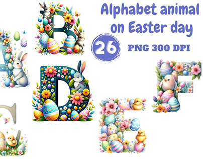 Watercolor Alphabet animal on easter day Version1