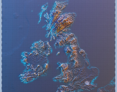 3D map of the United Kingdom, exaggerated topography