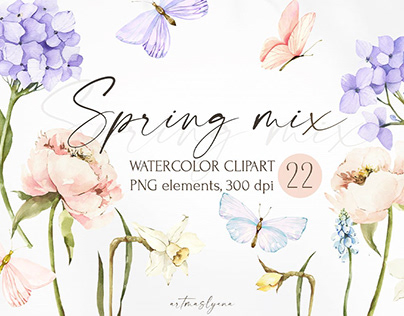 Watercolor Spring Flowers, Butterflies clipart mix