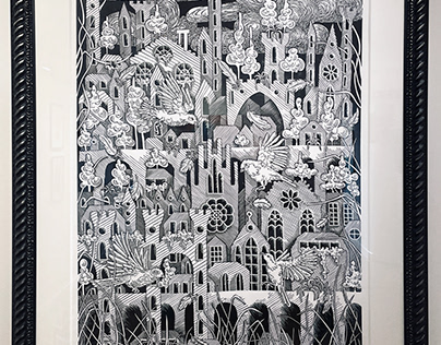 'The City of Birds' large linocut print
