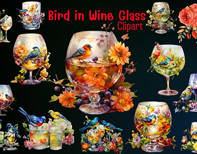 bird in wine glass clipart, watercolor illustration