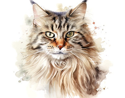 Domestic Longhair Cat Portrait Watercolor Painting
