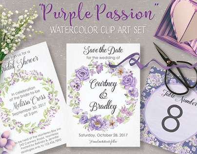 Watercolor clip art set: 'Purple Passion'
