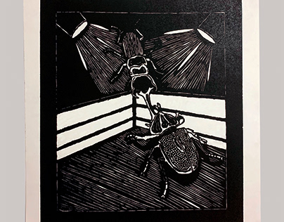 Japanese Beetles Wrestling Woodblock Print
