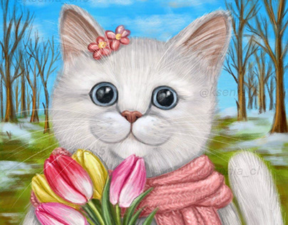 Spring cat with tulips