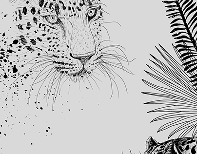 Black Sketch Leopards and Tropical Leaves Wallpaper