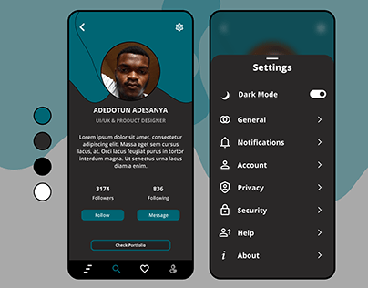 UI design of a profile and settings screen