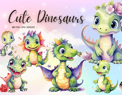 Watercolor Cute Dinosaurs Bundle