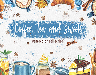 Coffee, tea and sweets. Winter watercolor collection