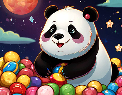Cute cartoon illustration of a fat panda chewing candy.