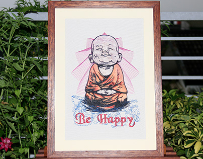 Be Happy Little Buddha Embroidery Wooden Frame